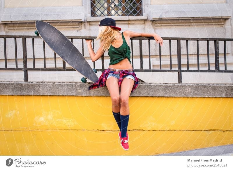 anonymous young woman skater Lifestyle Style Joy Beautiful Summer Woman Adults Downtown Street Blonde Cool (slang) Eroticism Hip & trendy casual longboard