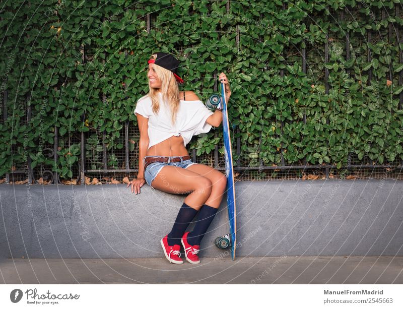 attractive woman skater Lifestyle Style Beautiful Summer Woman Adults Street Fashion Blonde Smiling Stand Cool (slang) Hip & trendy young casual Skateboard