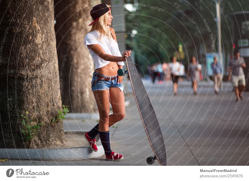 woman skater in the street Lifestyle Style Beautiful Summer Woman Adults Street Fashion Blonde Smiling Stand Cool (slang) Hip & trendy young casual Skateboard