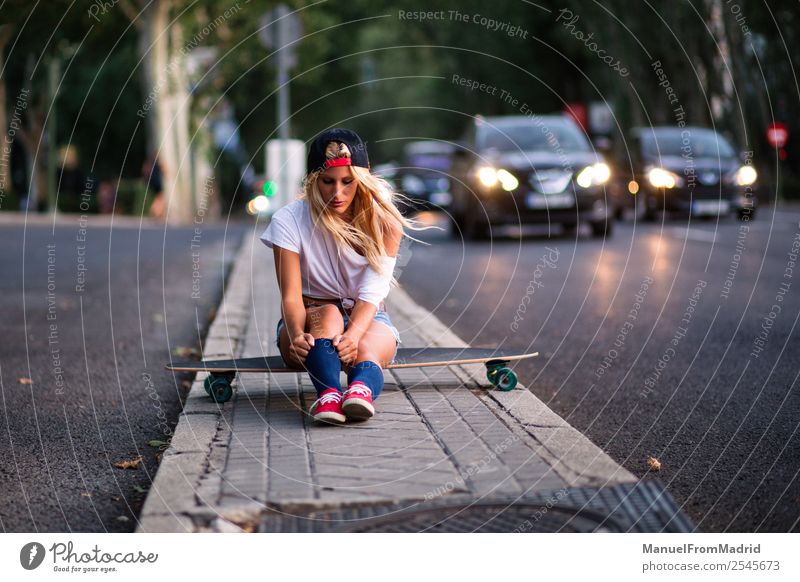 woman skater in the street Lifestyle Style Joy Beautiful Summer Woman Adults Downtown Street Blonde Cool (slang) Eroticism Hip & trendy Relaxation Fitness