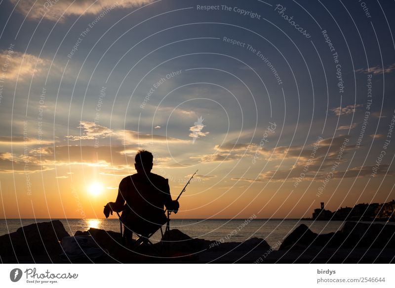 Angler in front of sunset at sea, evening atmosphere, relaxation, hobby Fishing (Angle) Summer vacation Ocean Masculine Man Adults 1 Human being 30 - 45 years