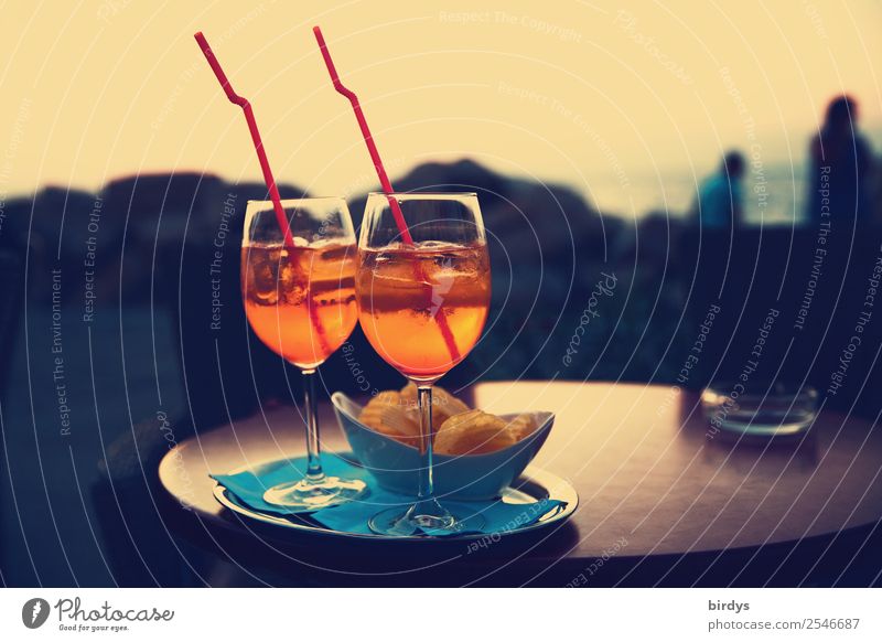Aperol-spritz in duet Crisps Beverage Alcoholic drinks Longdrink Cocktail Bowl Straw Lifestyle Style Summer vacation Table Going out Drinking 2 Human being