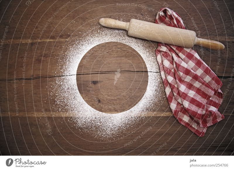 bakehouse Confectioner`s sugar Rolling pin Dish towel Esthetic Wooden table Colour photo Interior shot Deserted Copy Space left Copy Space middle