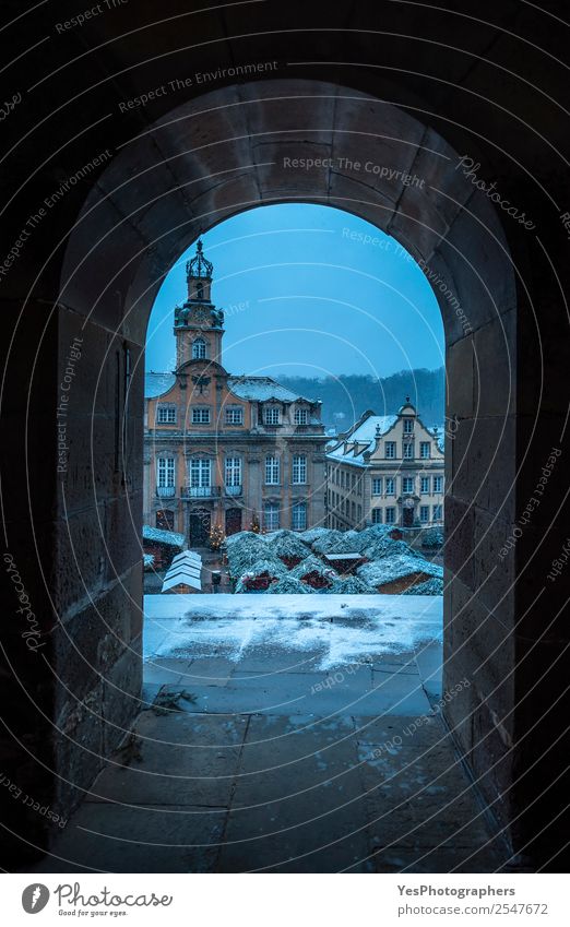 Snowy German city center seen through a tunnel Vacation & Travel Winter Weather Snowfall schwäbisch hall Germany Town Downtown Architecture Blue