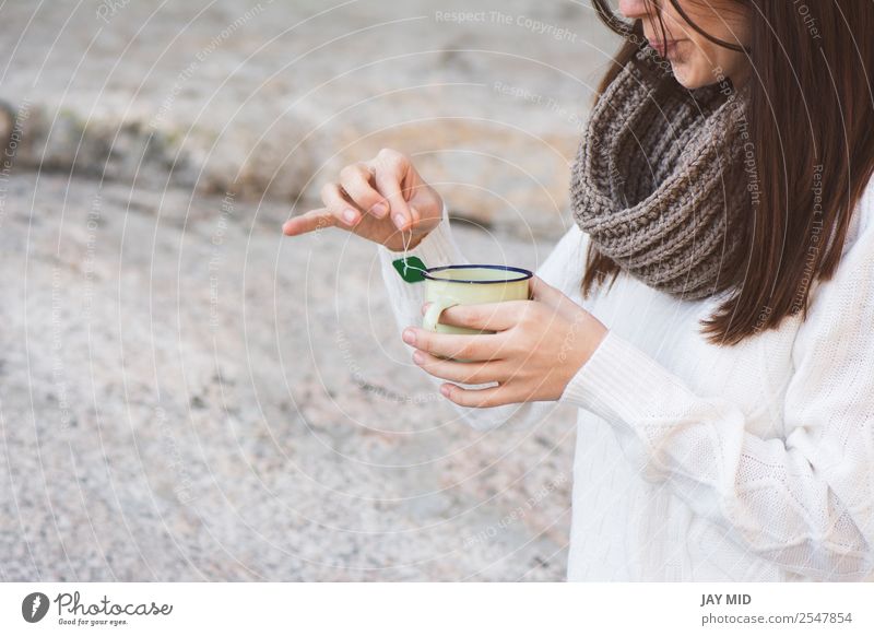 Woman making tea in the nature Beverage Drinking Hot drink Tea Cup Lifestyle Relaxation Leisure and hobbies Vacation & Travel Human being Feminine Adults Hand