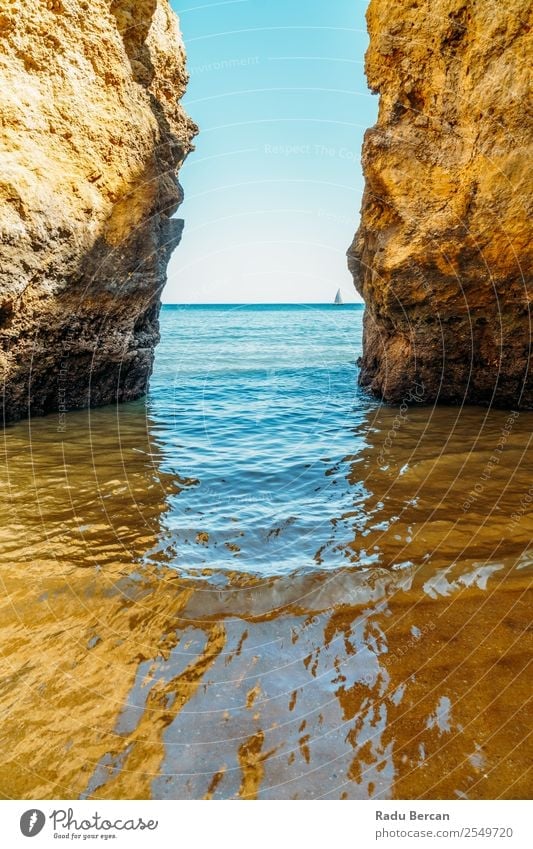 Rocks And Ocean Landscape In Lagos, Algarve Of Portugal Vacation & Travel Tourism Adventure Far-off places Freedom Summer Summer vacation Beach Waves