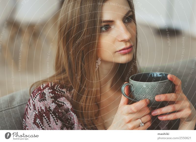 close up portrait of young thoughtful woman Breakfast Coffee Tea Lifestyle Illness Relaxation Living room Woman Adults Dream Sadness Hot Modern Natural Strong