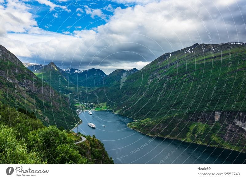 View of the Geirangerfjord in Norway Relaxation Vacation & Travel Tourism Cruise Mountain Nature Landscape Water Clouds Tree Rock Fjord Tourist Attraction Idyll