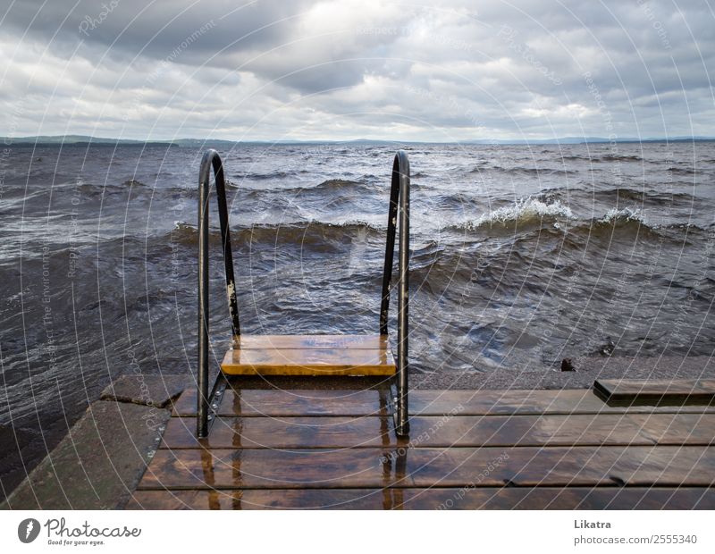 Storm at the bathing place Freedom Summer Summer vacation Waves Lake Ladder Nature Water Clouds Bad weather Gale Sweden Bathing place Footbridge Threat Gigantic