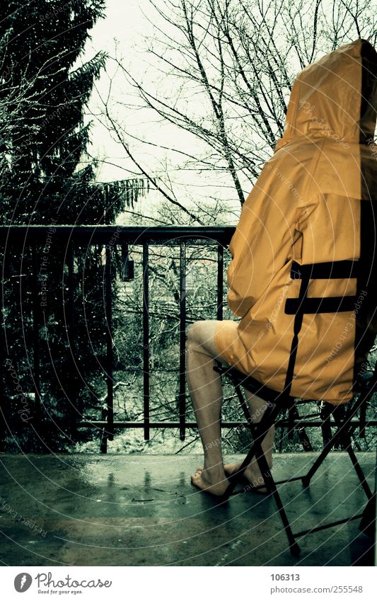 Photo number 213457 Human being Masculine Art Artist Work of art Stage play Winter Snow Snowfall Loneliness Guy Rain jacket Balcony Sit Feces Wait Nature Cold