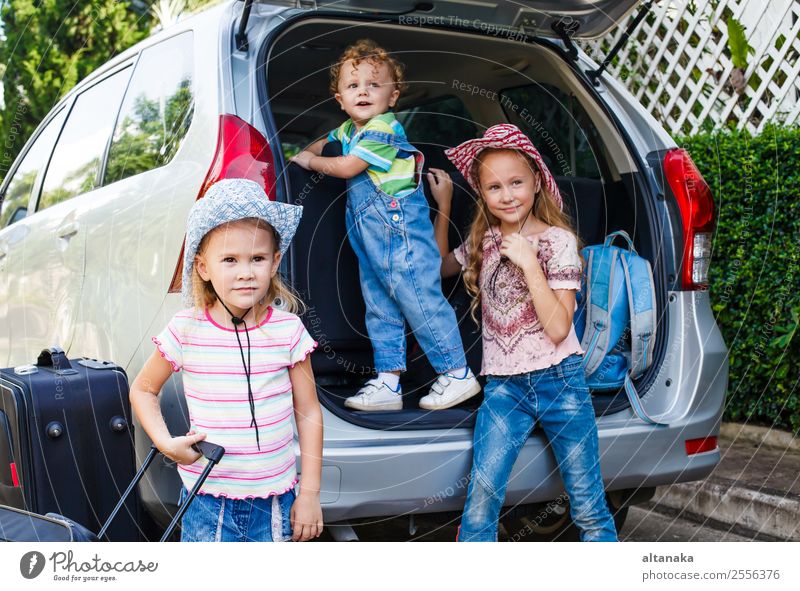 two little girls and boy standing near the car Joy Happy Relaxation Leisure and hobbies Vacation & Travel Tourism Trip Camping Summer Child Human being