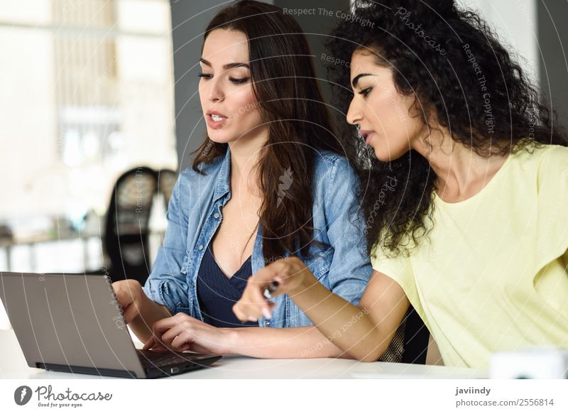 Two young women studying with a laptop computer Lifestyle Happy Hair and hairstyles Desk Table School Study Academic studies Work and employment Office Notebook