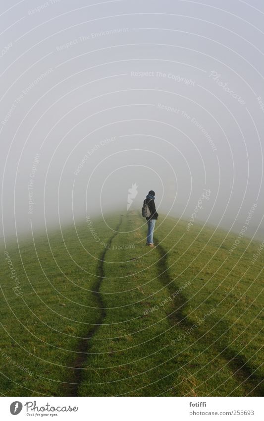girl, fog & dyke path 1 Human being Nature Landscape Autumn Winter Fog Grass Stand Haze Tracks Green Loneliness Meditative Free Dike Wall of fog Subdued colour
