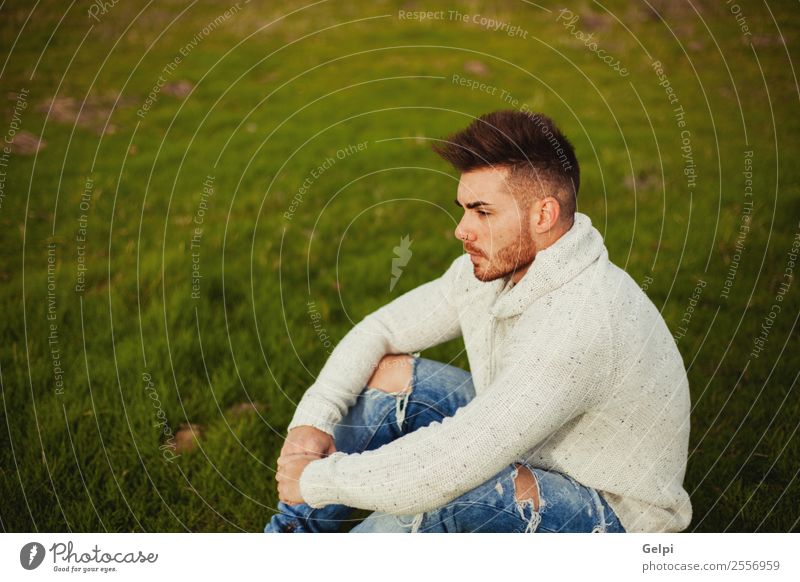 Attractive guy Lifestyle Style Human being Boy (child) Man Adults Landscape Grass Meadow Fashion Beard Think Cool (slang) Eroticism Hip & trendy Modern Strong
