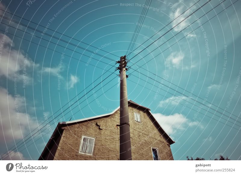 cable connection Sky Clouds Autumn House (Residential Structure) Detached house Facade Window Lamp post Cable Wire Blue Brown Decline Transience Change