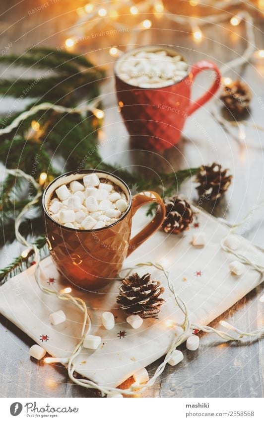 two mugs of hot cocoa with marshmallows Croissant Dessert Hot Chocolate Coffee Winter Decoration Table New Year's Eve Couple Warmth Wood Safety (feeling of)