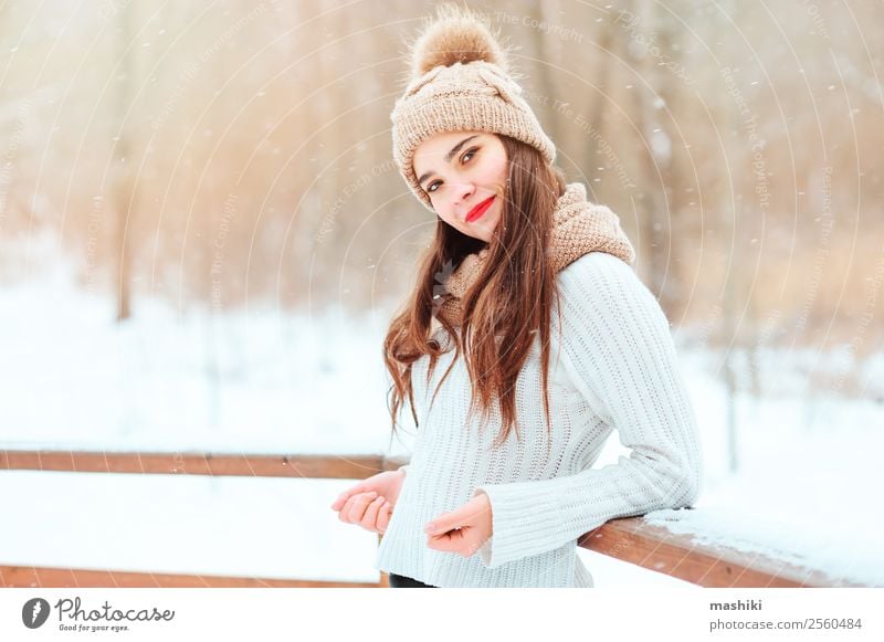 winter portrait of happy young stylish woman walking Style Joy Happy Face Make-up Lipstick Knit Vacation & Travel Winter Snow Feminine Woman Adults Nature