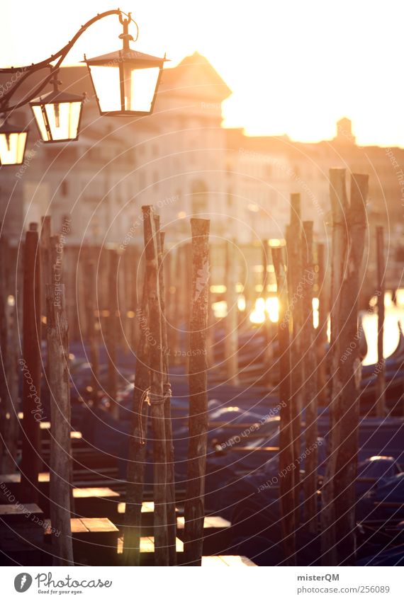 Morning gold. Art Esthetic Venice Veneto Gondola (Boat) Port City Orange Blue Lamp Lantern Footbridge Jetty Ocean Baroque Idyll Lure of the big city Gold