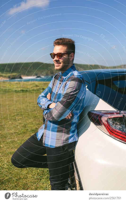 young man leaning on his car Lifestyle Happy Face Relaxation Vacation & Travel Trip Adventure Human being Man Adults Nature Landscape Coast Transport Vehicle