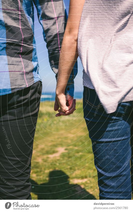 Unrecognizable couple holding hands Lifestyle Vacation & Travel Adventure Ocean Human being Woman Adults Man Couple Hand Nature Grass Meadow Coast Jeans Love
