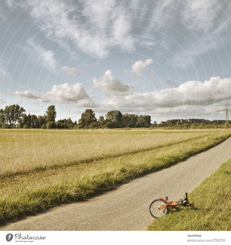 find something better ... Environment Nature Landscape Sky Clouds Summer Climate Beautiful weather Field Lanes & trails Bicycle Wayside Wheel Colour photo