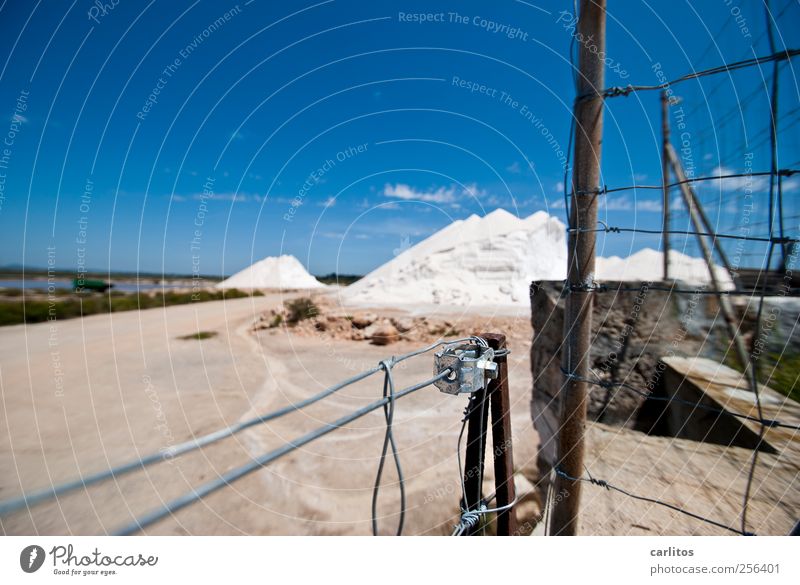 title Cloudless sky Blue Salt Saltworks Fence Wire Wall (barrier) White Dazzle Brilliant Fence post Mediterranean Majorca Ses Salines Salt  lake Tradition