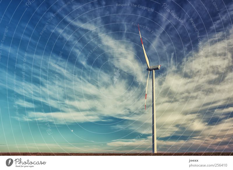 standstill Renewable energy Wind energy plant Sky Clouds Beautiful weather Rotate Large Blue White Energy Horizon Environmental protection Future Rotor