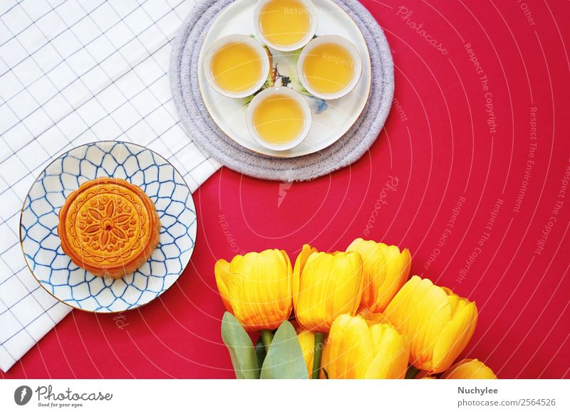 Flat lay of chinese moon cake with hot tea Dessert Tea Style Design Happy Beautiful Decoration Feasts & Celebrations Art Culture Plant Flower Fashion Fresh Hot
