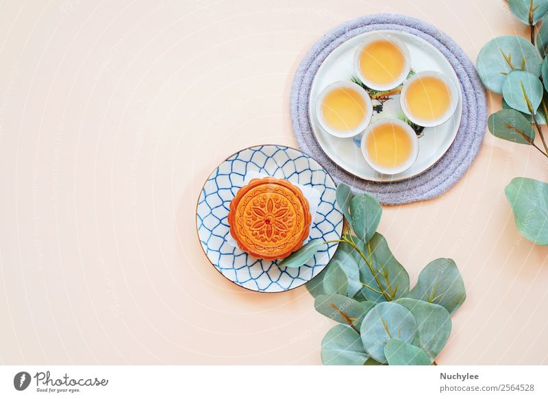 Top view of chinese moon cake Dessert Tea Design Happy Beautiful Decoration Feasts & Celebrations Art Culture Plant Flower Leaf Fresh Hot Hip & trendy Delicious