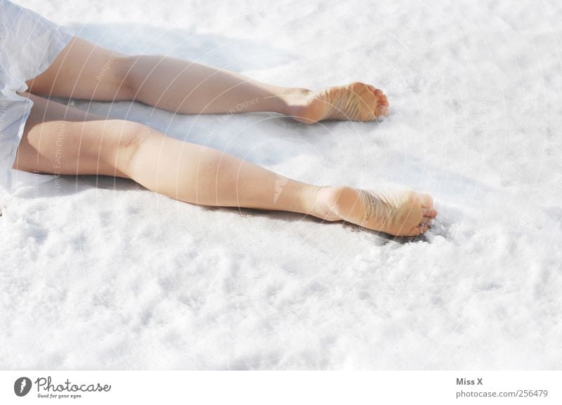 frostbites Human being Feminine Legs Feet 1 Winter Snow Dress Lie White Death Colour photo Exterior shot Copy Space bottom Bright background Isolated Image