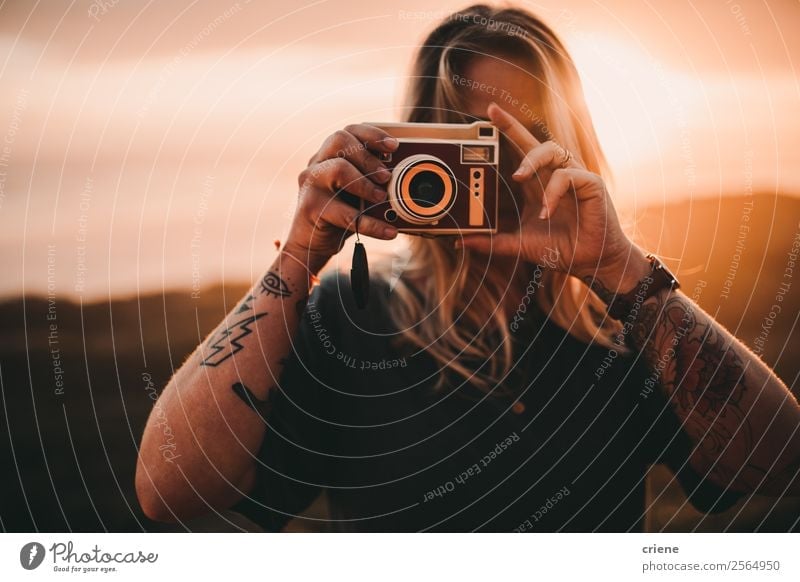 photographer taking pictures with retro camera Lifestyle Style Beautiful Leisure and hobbies Vacation & Travel Trip Summer Camera Human being Woman Adults