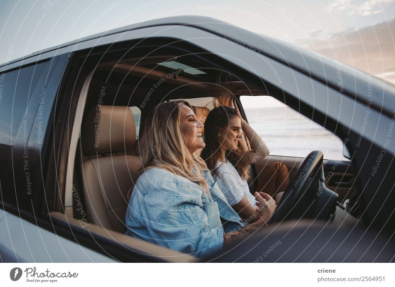 two attractive women driving truck at beach Lifestyle Style Joy Happy Vacation & Travel Trip Adventure Summer Beach Woman Adults Friendship Landscape Sand Sky