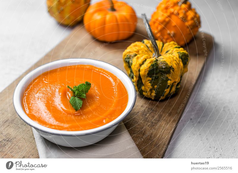 Cream of pumpkin Food Sausage Vegetable Soup Stew Dinner Vegetarian diet Diet Plate Bowl Spoon Healthy Eating Autumn Delicious Sour Yellow Tradition Pumpkin