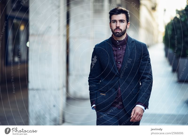 Bearded man in urban background wearing british elegant suit Lifestyle Elegant Style Beautiful Hair and hairstyles Human being Masculine Young man