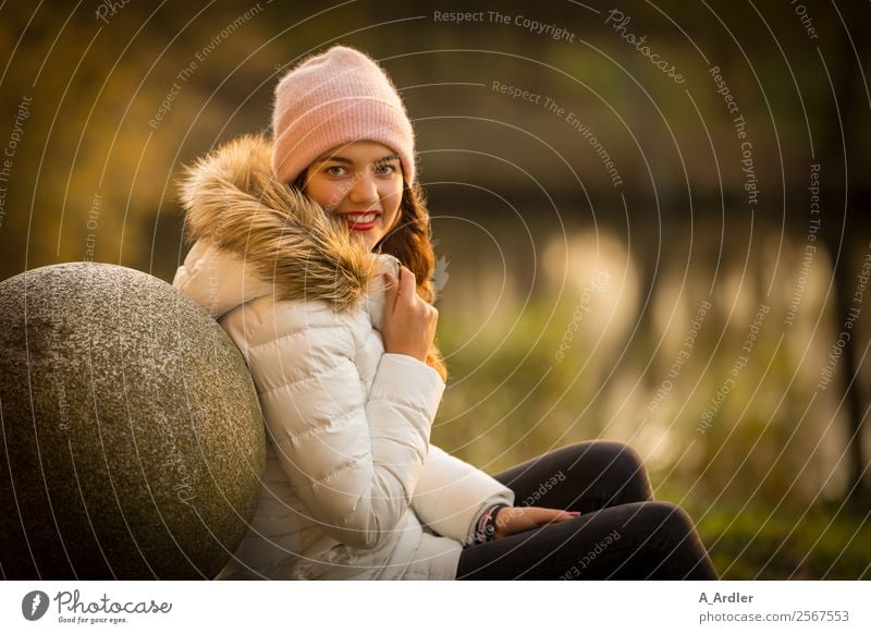 Portrait at the lake Human being Feminine Young woman Youth (Young adults) Woman Adults 1 18 - 30 years Nature Water Sunrise Sunset Autumn Park Lakeside Pond