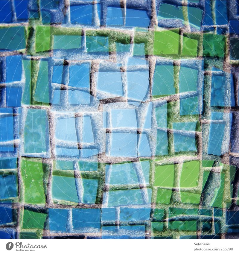 Clay Stones Shards Wall (barrier) Wall (building) Facade Line Sharp-edged Small Blue Green Mosaic Tile Double exposure Colour photo Exterior shot Close-up
