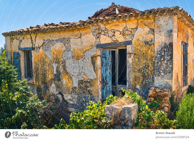 dilapidated house in Greece Lifestyle House (Residential Structure) Redecorate Nature Cloudless sky Summer Beautiful weather Village Building Wall (barrier)