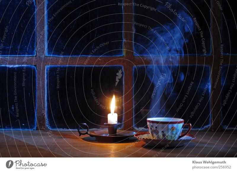 "Teatime" A cup of Chinese porcelain, see, filled with steaming tea in front of a transom window. A candle glows quietly next to it. Food Hot drink Crockery Cup