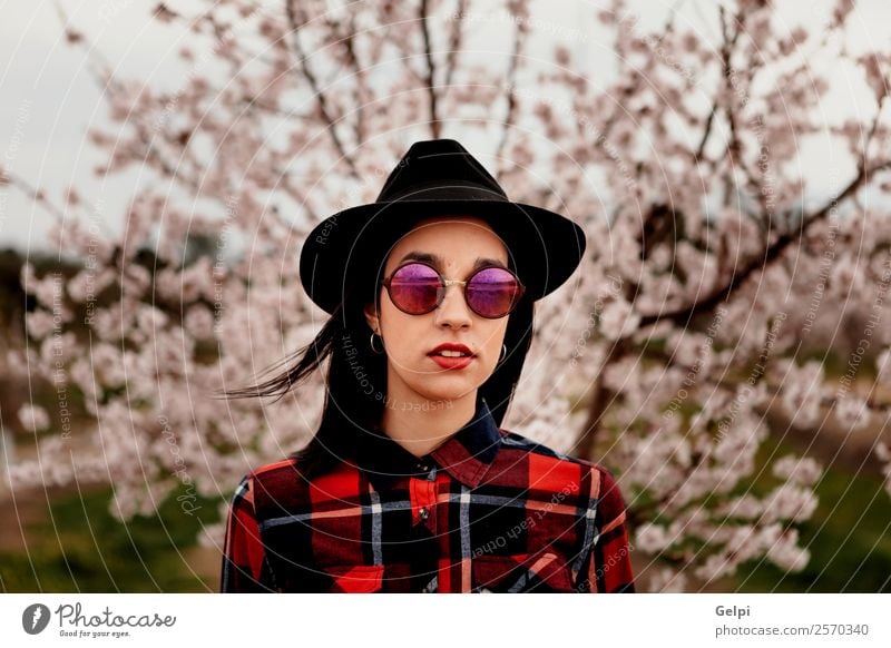 Girl Style Happy Beautiful Face Garden Human being Woman Adults Nature Tree Flower Blossom Park Fashion Sunglasses Hat Brunette Smiling Happiness Fresh Long