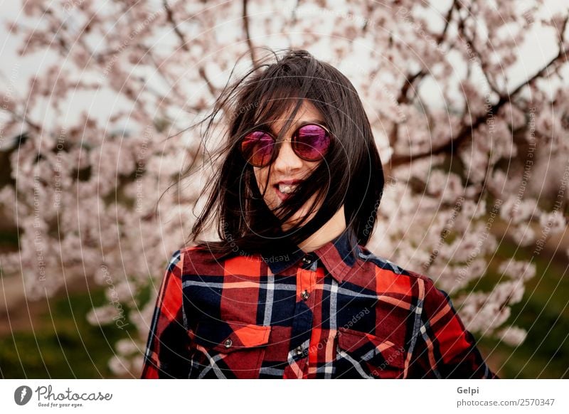 Girl Style Happy Beautiful Face Garden Human being Woman Adults Nature Wind Tree Flower Blossom Park Fashion Sunglasses Brunette Smiling Happiness Fresh Natural