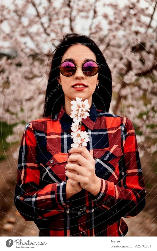 Girl Style Happy Beautiful Face Garden Human being Woman Adults Nature Tree Flower Blossom Park Fashion Dress Sunglasses Brunette Smiling Happiness Fresh Long