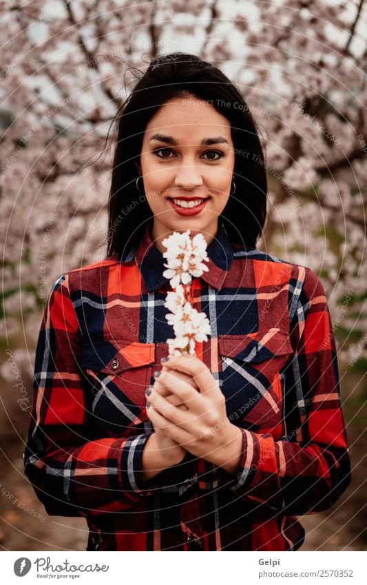 Girl Style Happy Beautiful Face Garden Human being Woman Adults Nature Tree Flower Blossom Park Fashion Brunette Smiling Happiness Fresh Natural Pink Red White