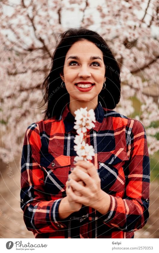 Girl Style Happy Beautiful Face Garden Human being Woman Adults Nature Tree Flower Blossom Park Fashion Brunette Smiling Happiness Fresh Natural Pink Red White