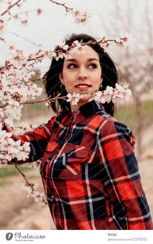 Girl Style Happy Beautiful Face Garden Human being Woman Adults Nature Tree Flower Blossom Park Fashion Brunette Smiling Happiness Fresh Long Natural Pink Red
