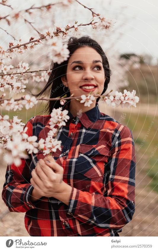 Girl Style Happy Beautiful Face Garden Human being Woman Adults Nature Tree Flower Blossom Park Fashion Brunette Smiling Happiness Fresh Long Natural Pink Red