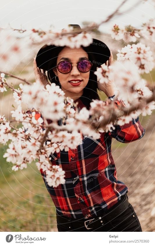 Girl Style Happy Beautiful Face Garden Human being Woman Adults Nature Tree Flower Blossom Park Fashion Sunglasses Hat Brunette Smiling Happiness Fresh Long