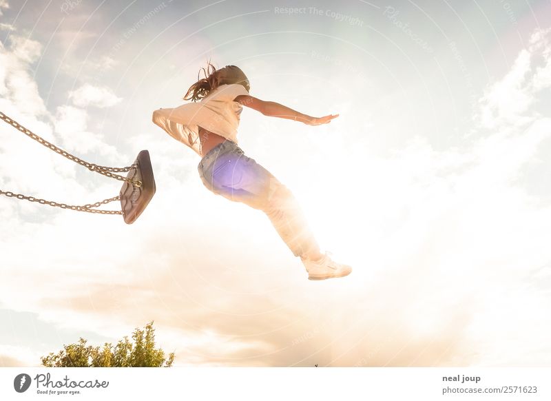 Child jumps from a swing - back light Children's game To swing Optimism Brave Positive Feminine Girl Infancy 3 - 8 years Sky Summer Swing Flying Playing Jump