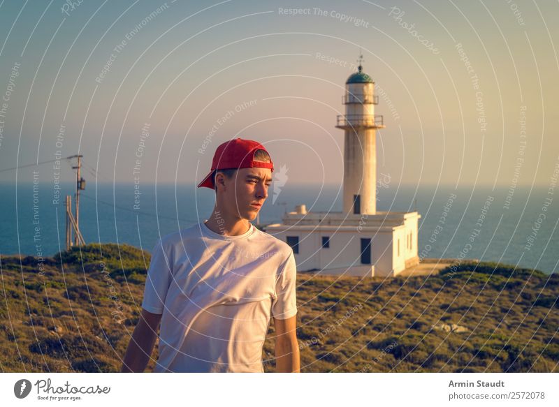 Portrait in front of lighthouse Lifestyle Style Senses Calm Vacation & Travel Tourism Trip Adventure Far-off places Freedom Summer vacation Ocean Island