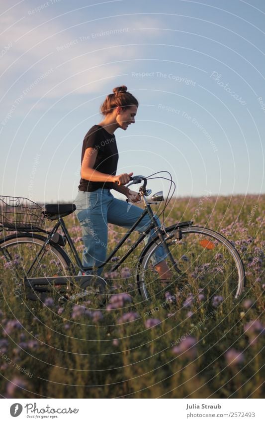 Bicycle tour woman flowers Cycling Feminine Woman Adults 1 Human being 30 - 45 years Nature Sunlight Summer Beautiful weather Flower Grass Meadow Field Walking