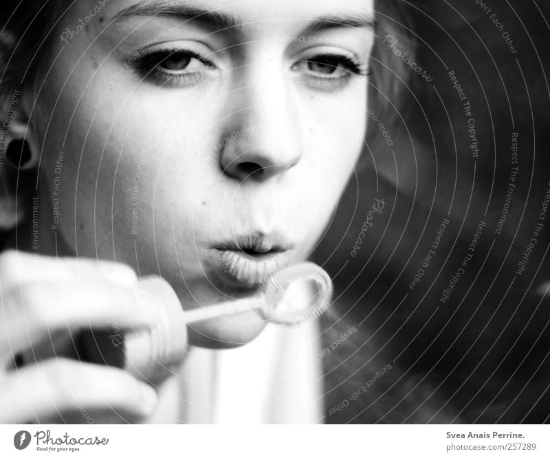 ... Feminine Face Eyes Mouth 1 Human being 18 - 30 years Youth (Young adults) Adults Blow Soap bubble Meditative Motion blur Loneliness Black & white photo